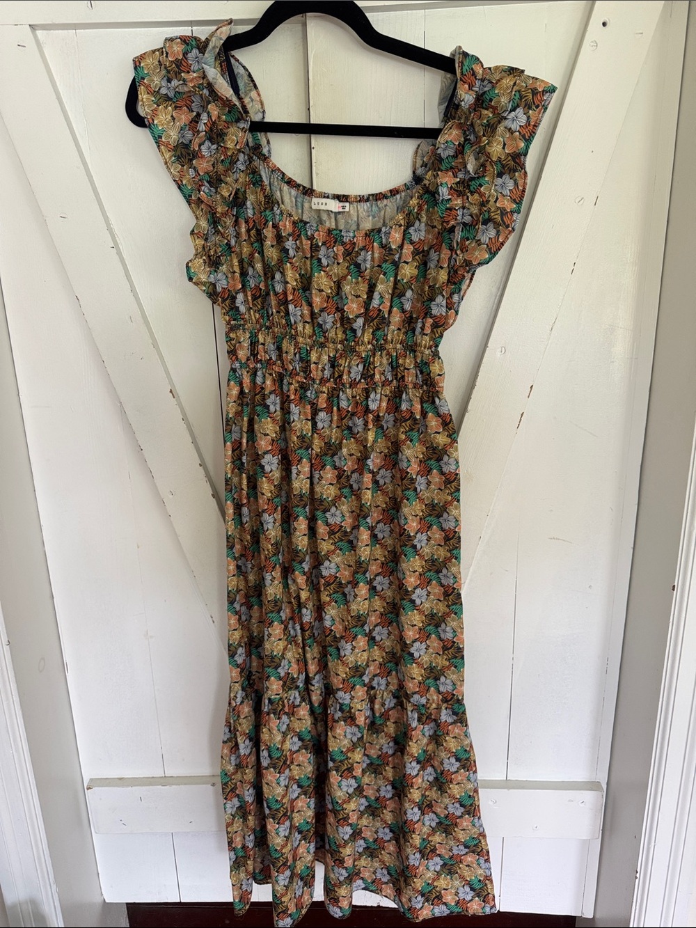 Lush Brown and Teal Floral Maxi Dress with Ruffle Sleeves